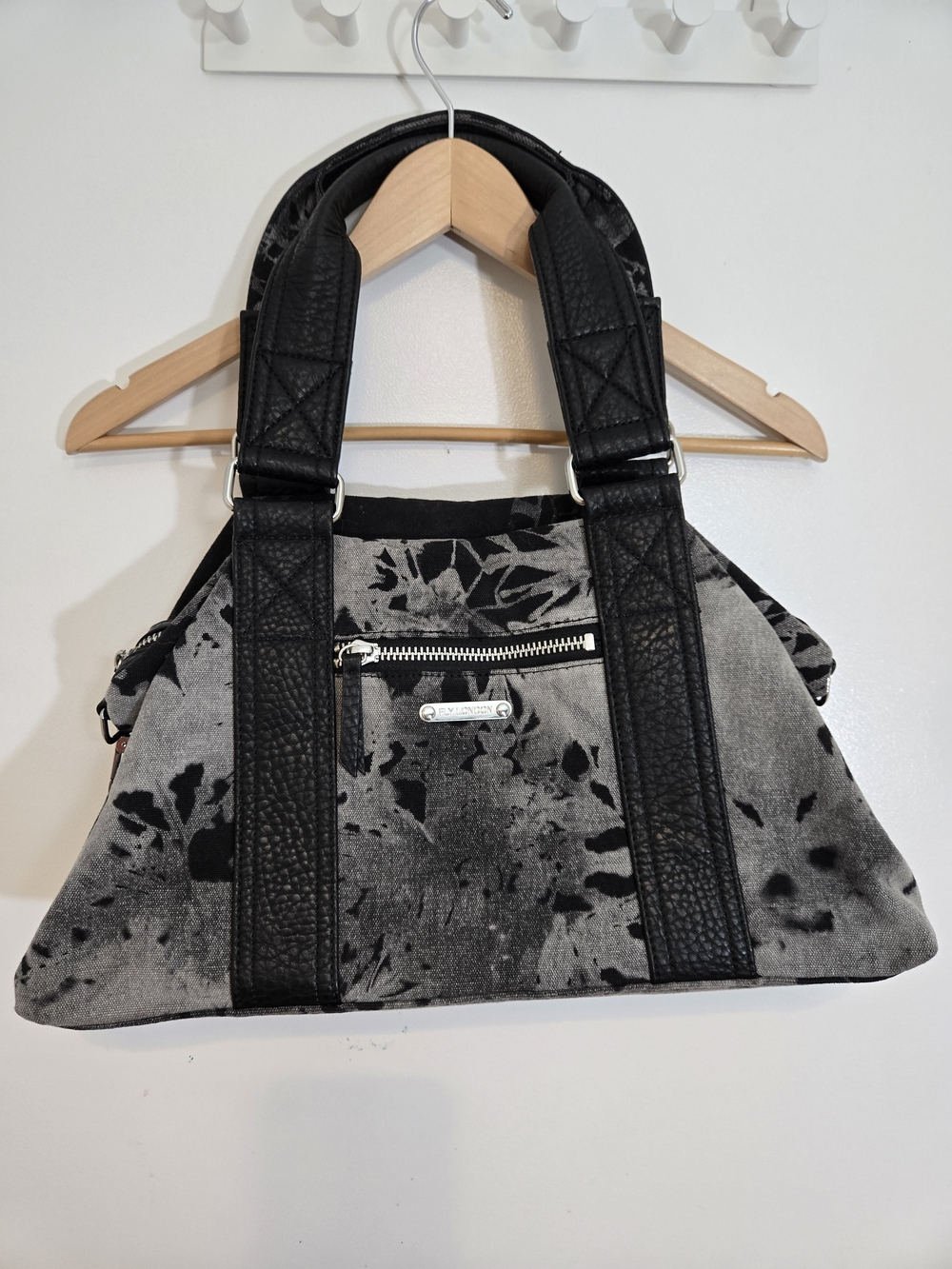 FLY LONDON Black & Gray Floral Canvas Handbag / Shoulder Bag